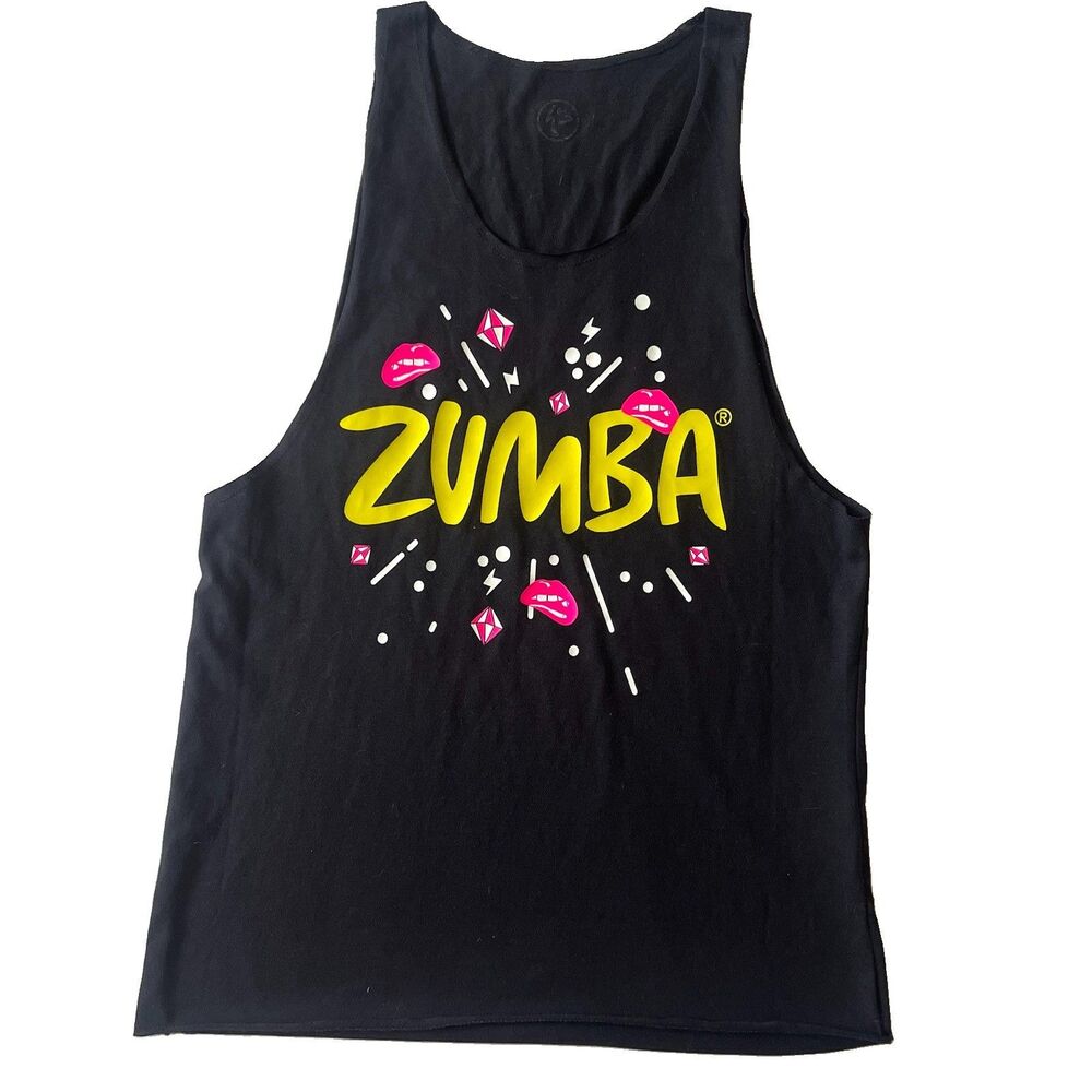 Zumba Wear Tank Top Womens XS Black Colorful Graphic Racerback Loose Dance Yoga